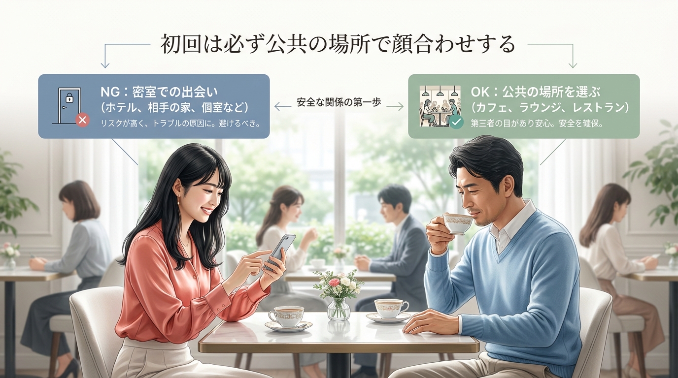 初回は必ず公共の場所で顔合わせする