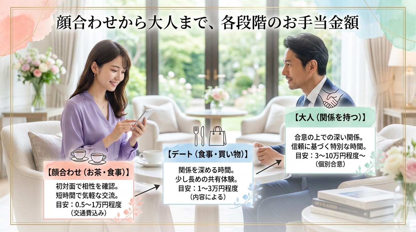 顔合わせから大人まで、各段階のお手当金額