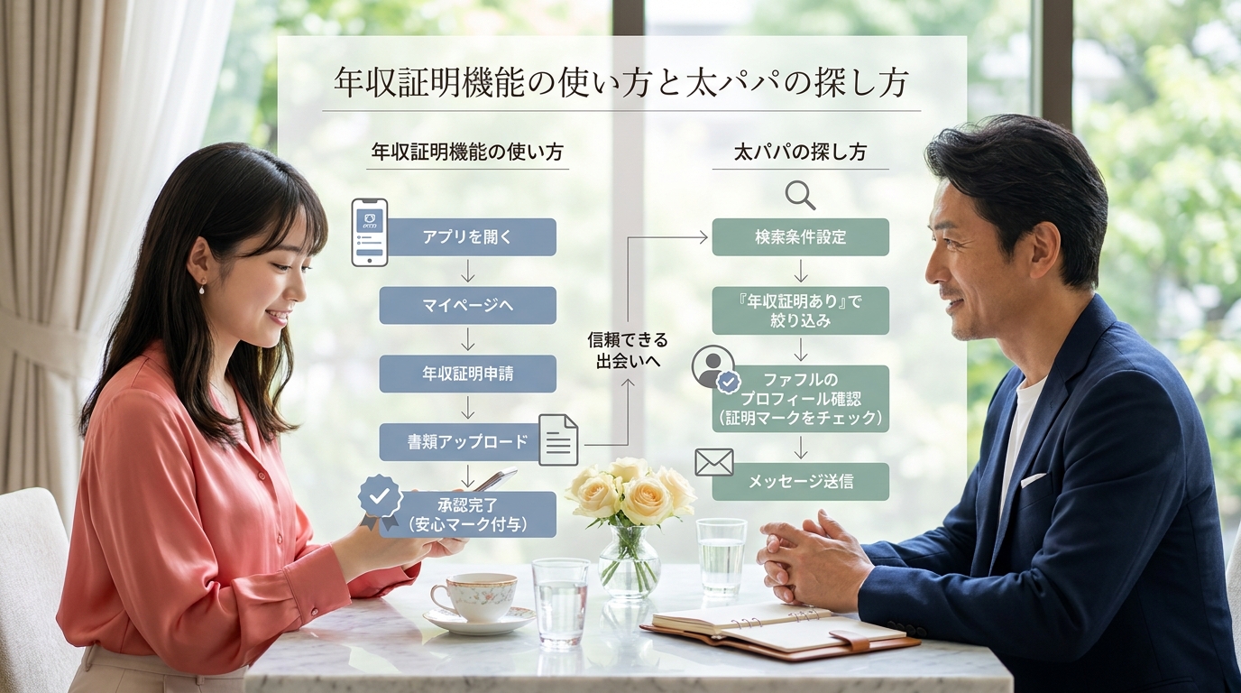 年収証明機能の使い方と太パパの探し方